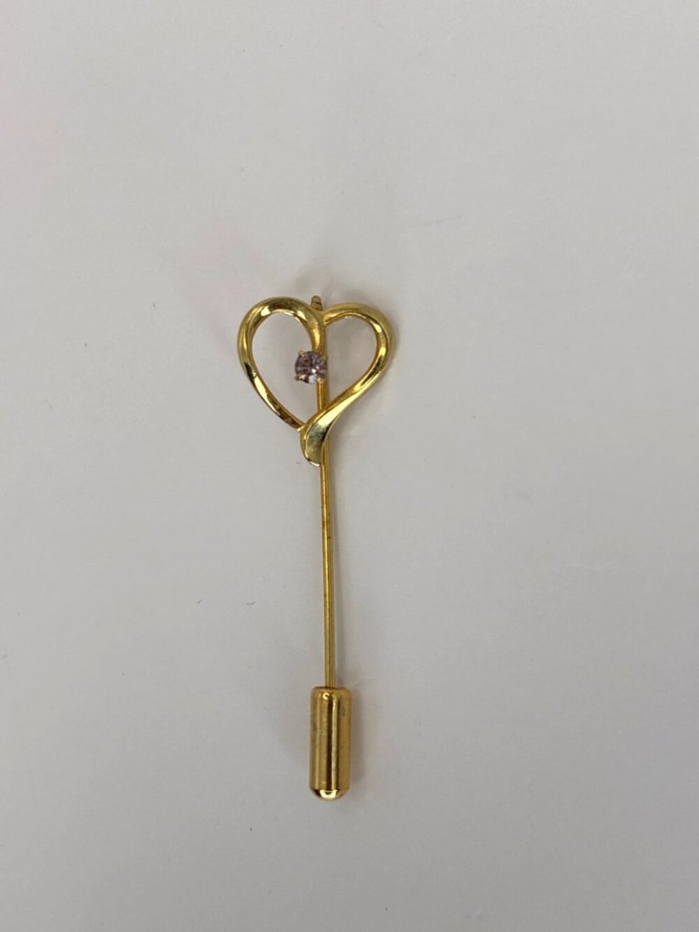 Vintage Gold Tone Heart Stick Pink With Purple Rhinestone